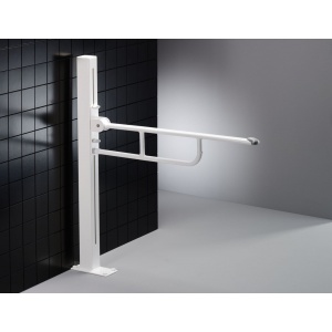 The height-adjustable foldable handrail is fixed to the floor Pressalit